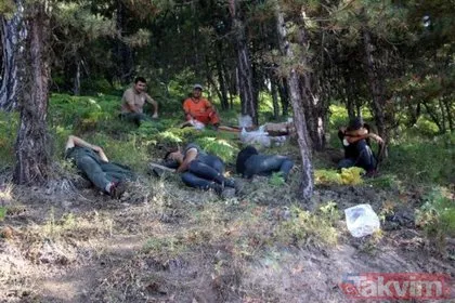 Bolu’da sabaha kadar canla başla çalışıp yangını söndüren ekip çimlere uzanarak yorgunluk attı