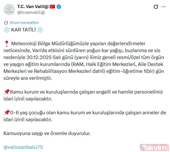Van: Van Valiliği, Meteorolojik Değerlendirmeler Sonucunda İl Genelindeki Tüm Resmi Ve Özel Okullarda, Halk Eğitim Merkezlerinde Ve Rehabilitasyon Merkezlerinde...
