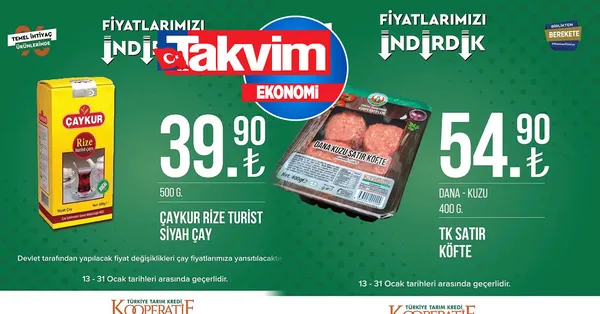 Çay 39, 90’a, dana kuzu 54,90’a düştü! 16-31 Ocak fiyat listesi Ayçiçek yağı, tuvalet kağıdı... Yeni hafta Tarım Kredi’de fiyatlar GÜNCELLENDİ!
