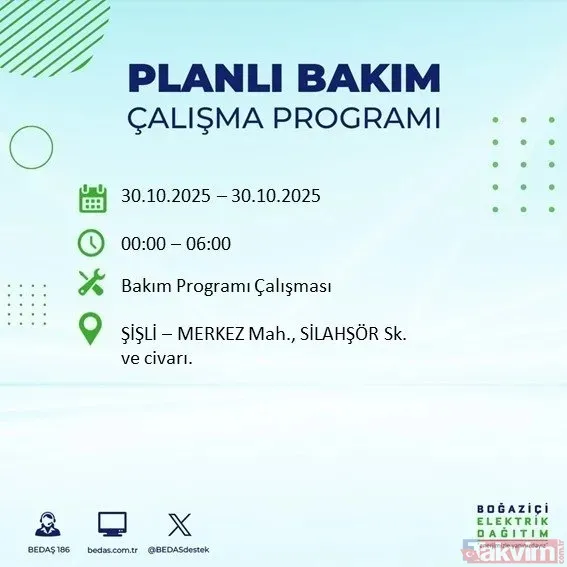30 Ekim 2025 İstanbul'da elektrik kesintisi yaşanacak ilçeler