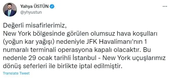 THY'den açıklama geldi: 29 Ocak tarihli İstanbul - New York uçuşuna yoğun kar engeli-1