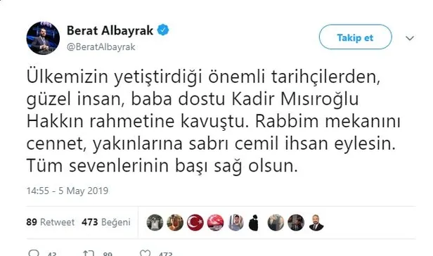 Bakan Albayrak'tan Kadir Mısıroğlu'nun sevenlerine başsağlığı mesajı-1