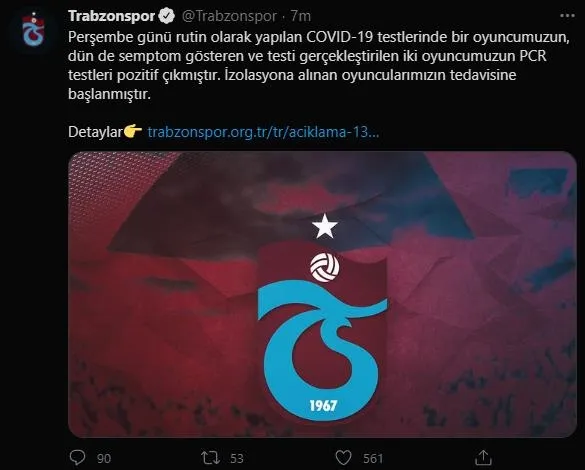 SON DAKİKA: Trabzonspor duyurdu: Bir oyuncunun daha Kovid-19 testi pozitif çıktı-1
