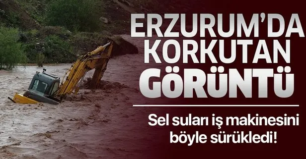 Erzurum Oltu Çayı’nda sel: İş makinesi suların içinde kaldı