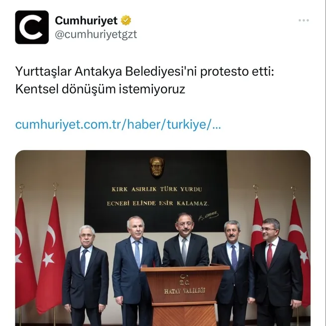 Kentsel dönüşüm karşıtı boy boy haberler yapan Cumhuriyet gazetesi depremde Hatay yerle bir olunca apar topar sildi