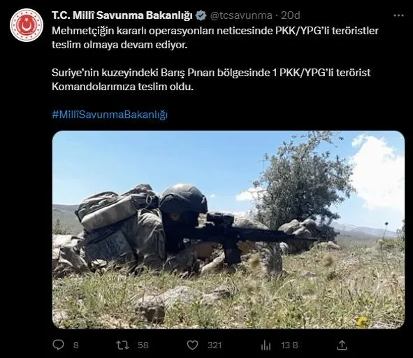 Terör örgütü PKK'ya darbe: Barış Pınarı bölgesinde bir terörist teslim oldu-1