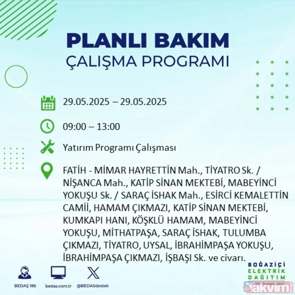 Bedaş 29 Mayıs İstanbul Elektrik Kesintisi