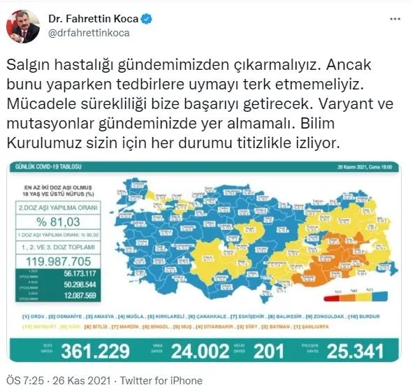 koronavirus tablosu 26 kasim 2021 saglik bakanligi son koronavirus vaka ve vefat sayilarini paylasti takvim