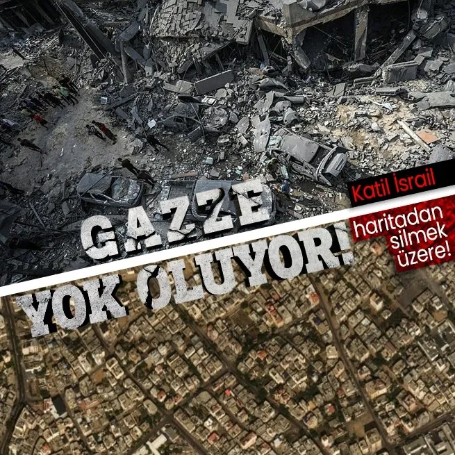 GAZZE YOK OLUYOR! Katil İsrail Gazzeyi haritadan silmek için bomba yağdırıyor! İşte sivillere atılan bombalar sonrası kentin son hali