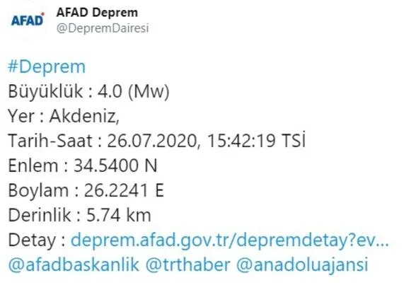 Son dakika: Akdeniz'de 4 büyüklüğünde deprem! | Son depremler-1