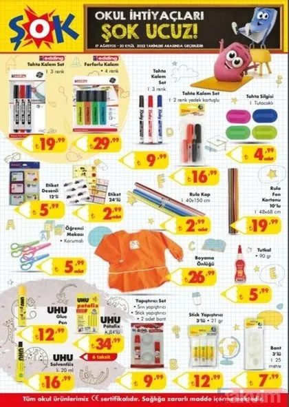 ŞOK okul malzemeleri kataloğu 2022! ŞOK marketlere kırtasiye ürünleri geldi! Çanta, kalem, silgi, defter, boya, suluk, yazı tahtası...