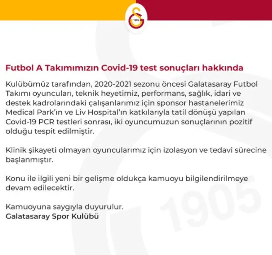 Son dakika haberi... Galatasaray 2 futbolcusunun koronavirüse yakalandığını açıkladı-2