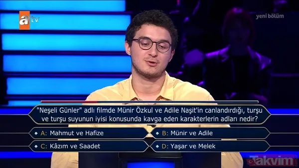 Kenan İmirzalıoğlu sordu, Kim Milyoner Olmak İster'de Yeşilçam rüzgarı esti! Neşeli Günler, Münir Özkul ve Adile Naşit... - 2