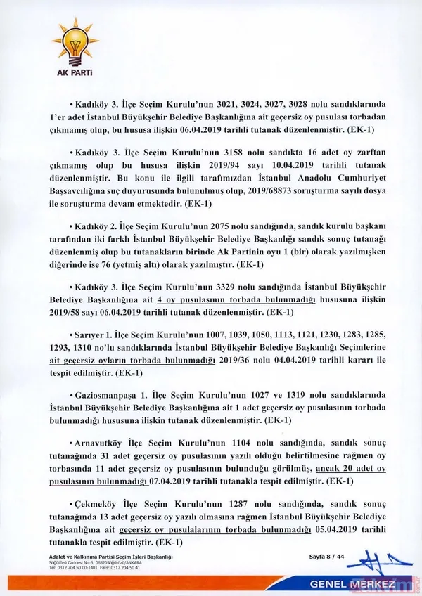 Kadıköy, Sarıyer, Gaziosmanpaşa, Arnavutköy, Çekmeköy İlçe Seçim Kurullarının Bazı Sandıklarında, İstanbul Büyükşehir Belediye Başkanlığına Ait Bazı Geçersiz Oy...