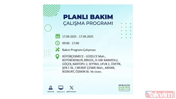 17 Eylül 2025 elektrik kesintisi bildirimi: İstanbul'da elektrik kesintisi olacak ilçeler hangileri? BEDAŞ mahalle mahalle listeledi - 7