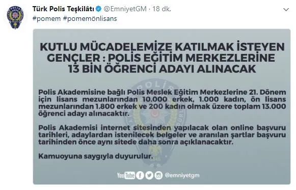 EGM açıkladı: POMEM'e 13 bin polis adayı öğrenci alınacak-1