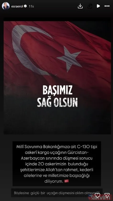 Esra Erol "Milli Savunma Bakanlığımıza Ait C-130 Tipi Askeri Kargo Uçağının Gürcistan-Azerbaycan Sınırında Düşmesi Sonucu İçinde 20 Askerimizin Bulunduğu...