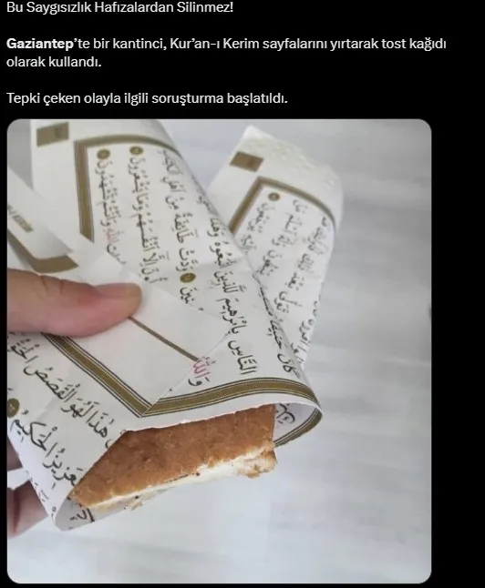 Kantincinin yaptığı tostları Kur'an-ı Kerim sayfalarına sarmasına sosyal medyadan tepki yağdı (Ekran görüntüsü)