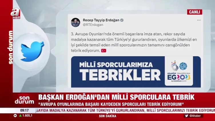 Başkan Erdoğan'dan milli sporculara tebrik