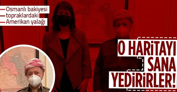 Mesud Barzani’den haddini aşan büyük skandal: Türkiye’nin bölündüğü haritanın önünde ABD’li yetkiliyle poz verdi