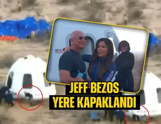 Sevgilisi Lauren Sanchez’i 10 dakikalık uzay yolculuğundan karşılarken yere kapaklandı! İşte Jeff Bezos’un o anları…