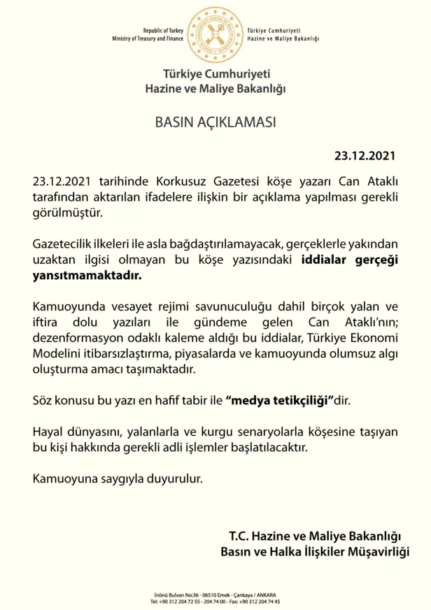 Hazine ve Maliye Bakanlığından Can Ataklı'nın skandal iddiasına sert yanıt: Medya tetikçiliği-4