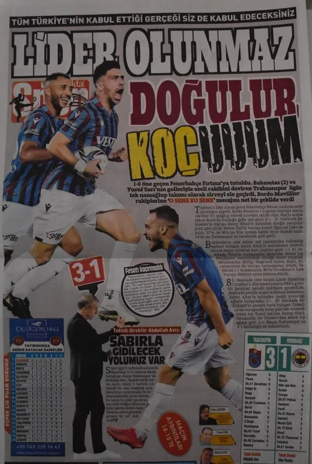 Trabzonspor'un Fenerbahçe zaferi yerel basının manşetlerinde: Lider olunmaz doğulur koçum!-2