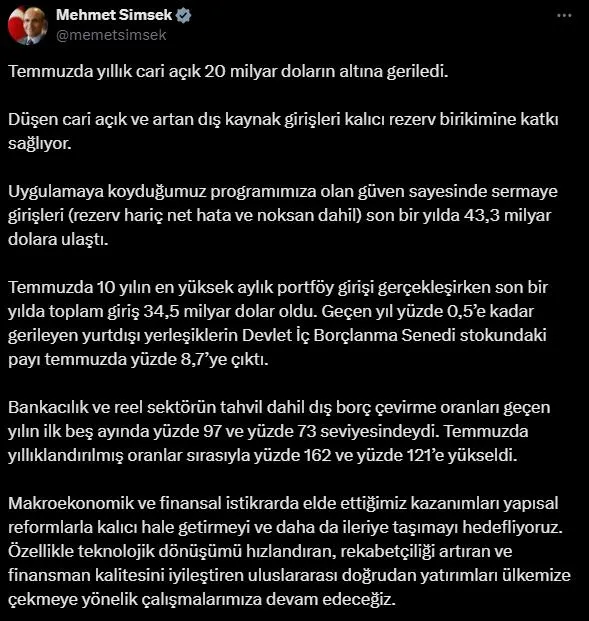 Mehmet Şimşek temmuz rekorunu açıkladı: "10 yılın en yüksek aylık portföy girişi"-2