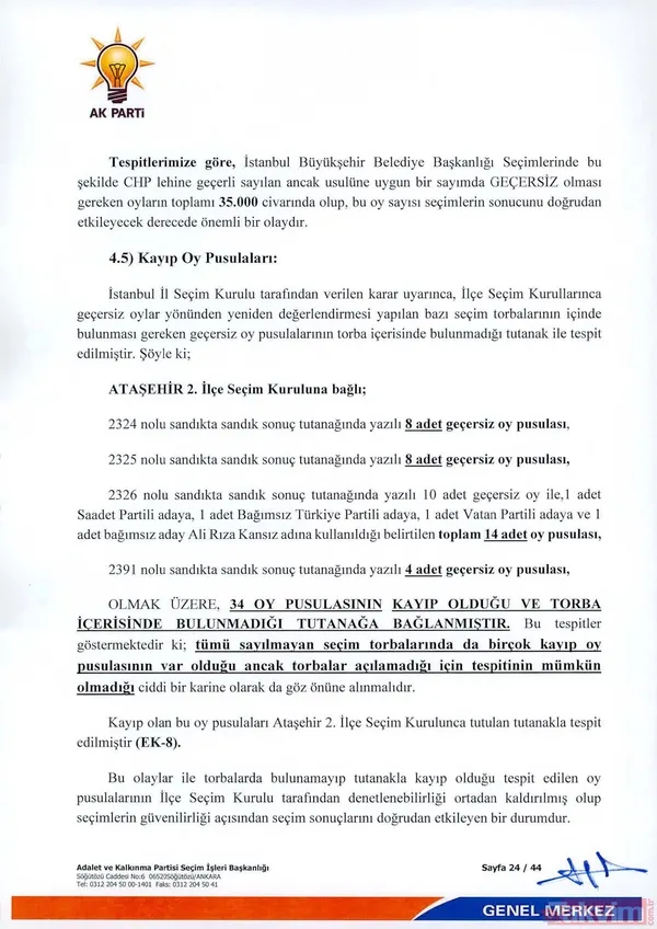 - Rakamsal Tutarsızlıklar Ak Parti'nin Dilekçesinde, İstanbul'da Büyükşehir Belediye Başkanlığı Seçimlerinde Toplam 31 Bin 280 Sandıkta Oy Kullanan Seçmen...
