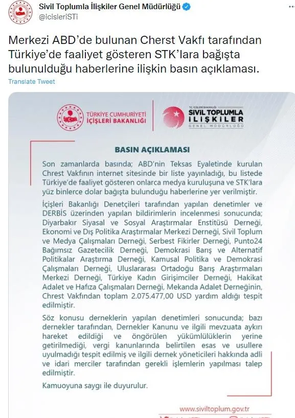 İçişleri'nden ABD merkezli Cherst Vakfı tarafından beslenen fondaşlara inceleme-2