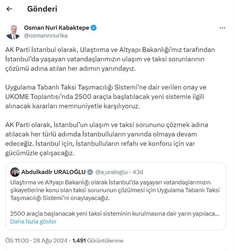 AK Parti İstanbul İl Başkanı Osman Nuri Kabaktepe'nin paylaşımı