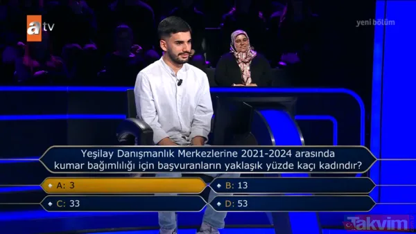300 Bin Tl Değerindeki Soru "Yeşilay Danışmanlık Merkezlerine 2021-2024 Arasında Kumar Bağımlılığı İçin Başvuranların Yaklaşık Yüzde Kaçı Kadındır?" A: 3 B: 13...