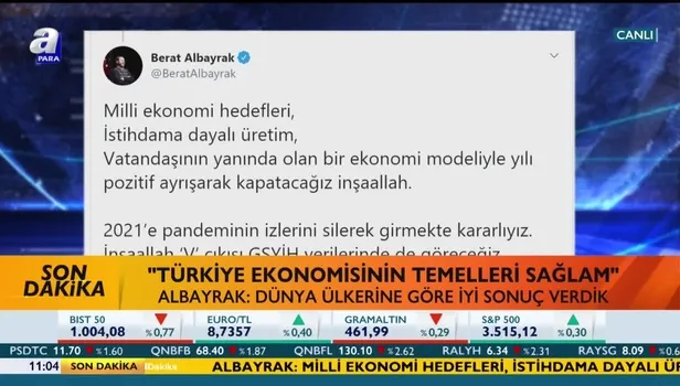 Hazine ve Maliye Bakanı Berat Albayrak: GSYİH oranımız dünya ülkelerine kıyasla iyi bir sonuç verdi