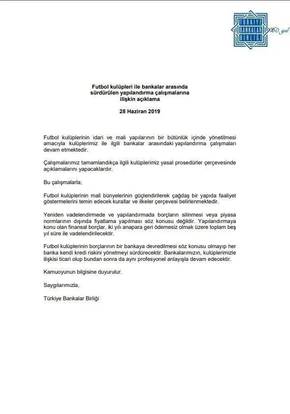 Son dakika... Türkiye Bankalar Birliği: Kulüplerimiz ile ilgili bankalar arasındaki yapılandırma devam ediyor-1