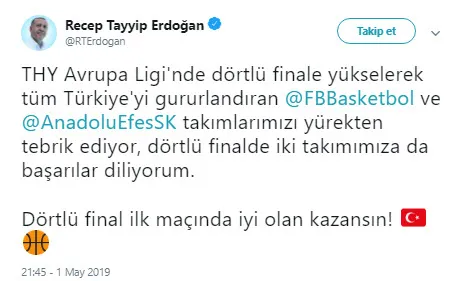 Başkan Erdoğan'dan Anadolu Efes ve Fenerbahçe'ye tebrik mesajı-1