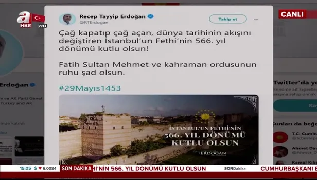 Başkan Erdoğan'dan 'İstanbul'un Fethi' mesajı