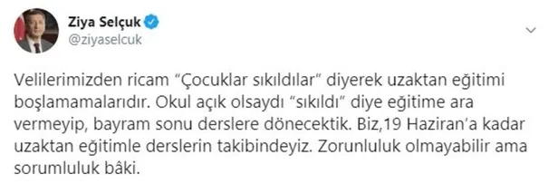 Milli Eğitim Bakanı Ziya Selçuk’tan velilere uzaktan eğitim çağrısı: Sorumluluk bâki