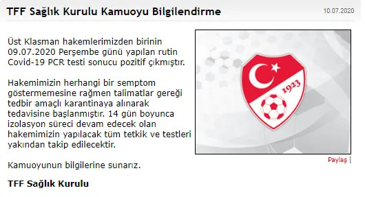 Türkiye Futbol Federasyonu: Üst klasman bir hakemin koronavirüs testi pozitif çıktı-1