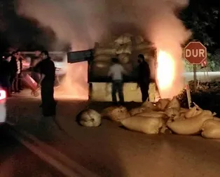 Fındık dolu kamyon alev alev yandı