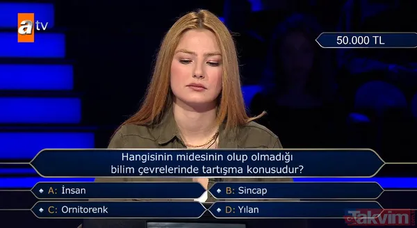 Kim Milyoner Olmak İster yarışması yeni bölümünde bir yarışmacıya sorulan 50.000 TL değerindeki "Hangisinin midesinin olup olmadığı bilim çevrelerinde...