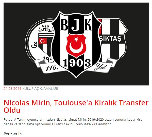 Son dakika haberi: Beşiktaş Nicolas Isimat Mirin'in Toulouse'a kiralandığını açıkladı-1
