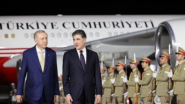 Başkan Erdoğan Erbilde! Resmi törenle karşılandı: Neçirvan Barzani, Mesrur Barzani ve Mesut Barzani ile görüştü