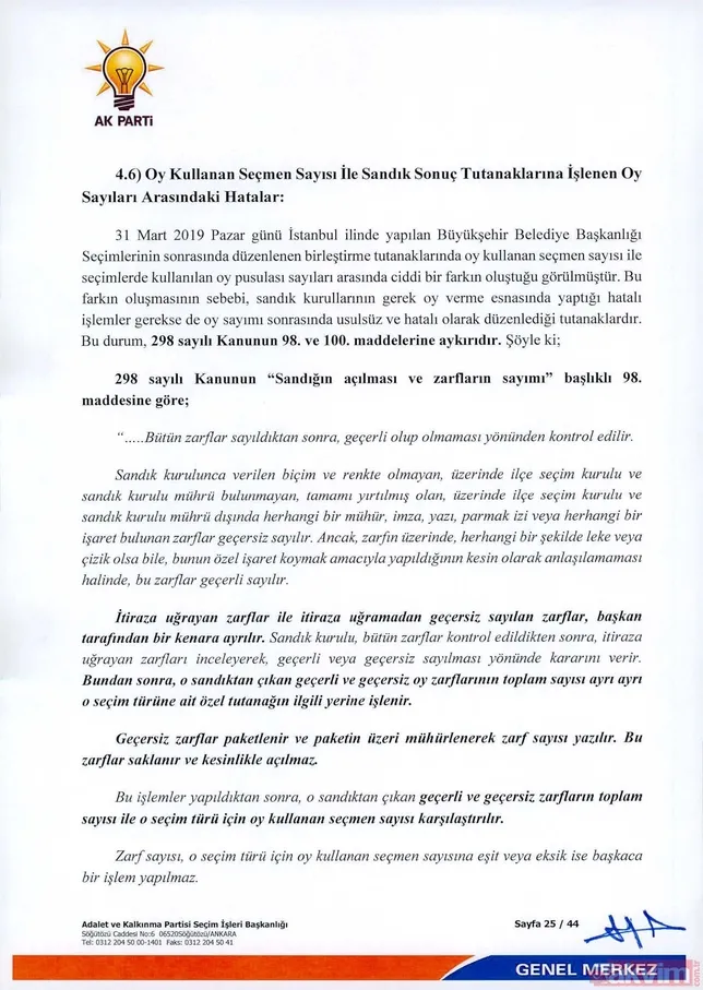 İÅte  AK Parti İstanbul seçimlenin iptali için YSK'ya verdiÄi 44 sayfalık olaÄanüstü itiraz dilekçesi