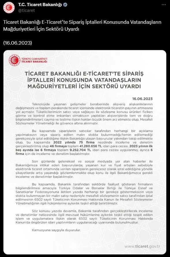 Ticaret Bakanlığı'ndan e-ticaret sitelerine "sipariş iptali" uyarısı: Yaptırımlar uygulanacak! Firmalara ceza yağdı-2