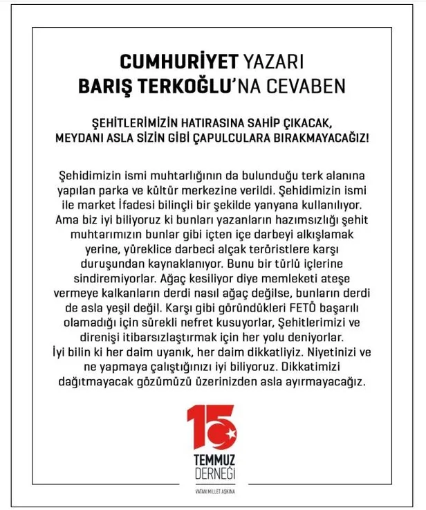 Cumhuriyet Gazetesi yazarı Barış Terkoğlu’nun yazısına yalanlama: FETÖ başarılı olamadığı için sürekli nefret kusuyorlar-3