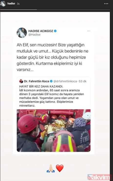 Elif bebek 65 saat sonra Türkiye'ye umut oldu! Ünlülerden Elif Perinçek paylaşımı: Bize yaşattığın mutluluk ve umut... - 8