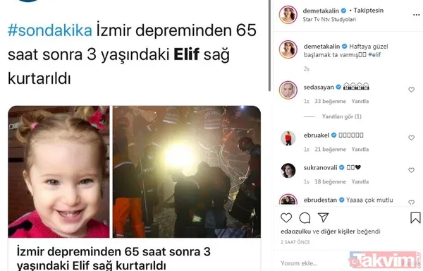 Elif bebek 65 saat sonra Türkiye'ye umut oldu! Ünlülerden Elif Perinçek paylaşımı: Bize yaşattığın mutluluk ve umut... - 9
