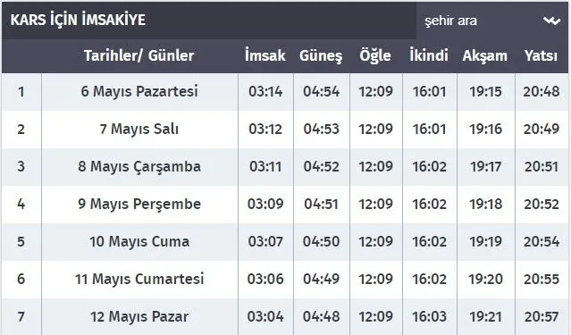kars imsak iftar sahur vakti 2019 kars sahur iftar saati kacta ramazan imsakiyesi diyanet aciklamasi takvim
