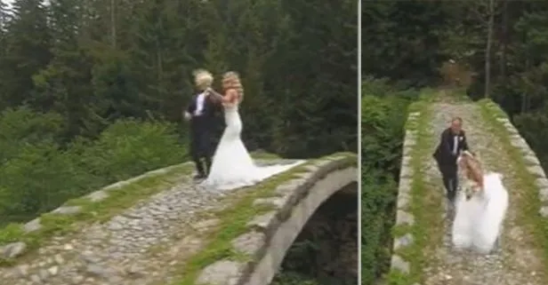 Düğün fotoğrafı çekiminde dans eden gelin ve kocasını köpek kovaladı! Gelin çığlık atarak köprüde koşmaya başladı