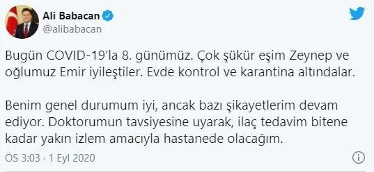 Koronavirüse yakalanan DEVA Partisi Genel Başkanı Ali Babacan hastaneye kaldırıldı-1